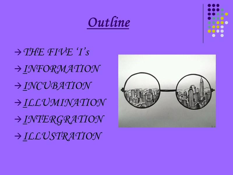 Outline THE FIVE ‘I’s INFORMATION INCUBATION ILLUMINATION INTERGRATION ILLUSTRATION